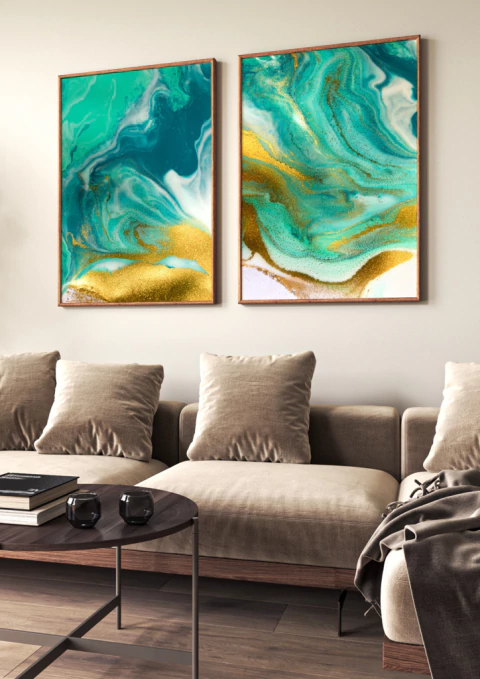 Quadros Decorativos Mármore Verde e Dourado - Composição com 2 Quadros