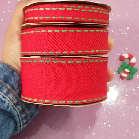 Fita jeans Sinimbu Natal vermelho com pesponto verde
