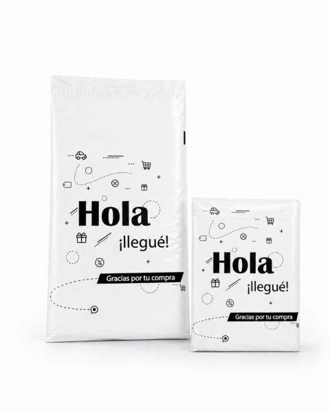 Bolsas E-commerce "Hola, Llegue" Tricapa Blanca 20x30 C/adhesivo