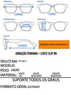 Óculos Armação Feminino + Clip On 2 Em 1 CF366 na internet