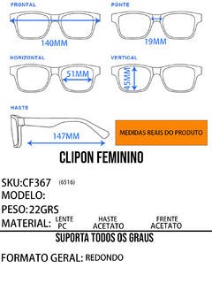 Óculos Armação Feminino Gatinha + Clip On 2 Em 1 CF367 na internet