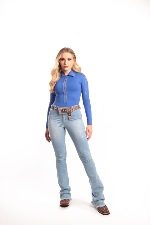 Calça Feminina West Tuff Flare Cos Alto Brilhos Borboletas Luz em Pedrarias c/ Elastano.