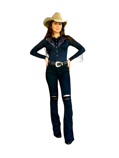 Calça Feminina West Tuff Flare Cos Alto Rasgada c/ Elastano.