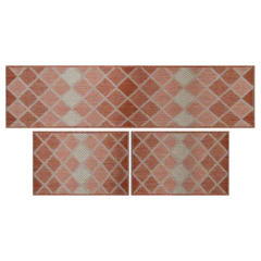 Tapete para cozinha antiderrapante em jogo com 3 peças, com design de losangos em tons de rosa e bege.