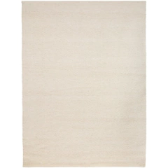 Tapete artesanal retangular feito de lã e algodão indiano na cor creme.