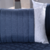 Peseira de cama na cor azul escuro com almofadas cinzas sobre um fundo claro.