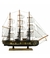 Miniatura de barco veleiro em madeira com canhões, medindo 42.5x9x49cm.