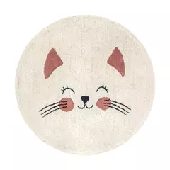 Tapete redondo de algodão com estampa de gatinho sorridente em tons claros.