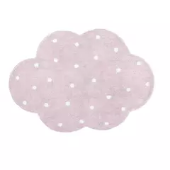 Tapete de algodão em formato de nuvem rosa com bolinhas brancas, ideal para ambientes infantis.