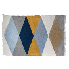 Tapete de algodão geométrico com franja em cores variadas, ideal para ambientes infantis.