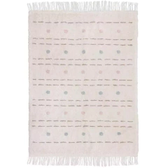 Tapete infantil de algodão em tons suaves com linhas e pontos coloridos, ideal para quartos de crianças.
