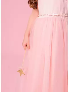 Vestido Conceito Longo Saia Tule Com Cinto Pérolas Rosa Fada - Bolhinhas de Sabão