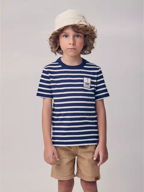 CONJUNTO T-SHIRT BERMUDA LISTRA CRU/MARINHO - comprar online