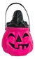 Calabaza arrugada de Halloween de color rosa con tapa negra, sonriente y con un asa.