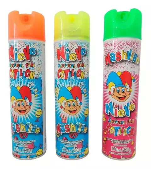 Envase de aerosol de Nieve en tres colores: naranja, amarillo y verde, ideales para cotillón.