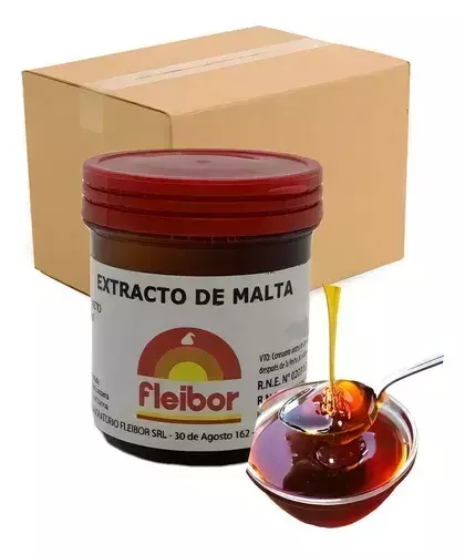 Envase de Extracto de Malta Fleibor de 60g junto a una cuchara con el producto derramándose