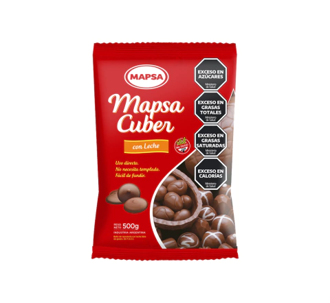 Paquete de chocolate Mapsa Cuber con leche de 500g, ideal para repostería. Muestra el logo de Mapsa y advertencias sobre exceso de azúcares y grasas.