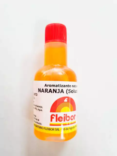 Botella de esencia aromatizante natural NARANJA de Fleibor, 60cc, con tapa roja y etiqueta descriptiva.