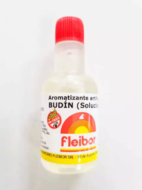 Botella de esencia aromatizante artificial Budín Fleibor de 60cc, con tapa roja y etiqueta detallada.