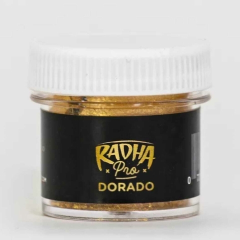 Envase de polvo dorado Radha Pro con tapa blanca y etiqueta negra