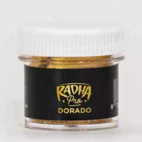 Envase de polvo dorado Radha Pro con tapa blanca y etiqueta negra