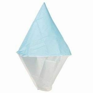 Globo aerostático de papel con diseño triangular en color azul y blanco.