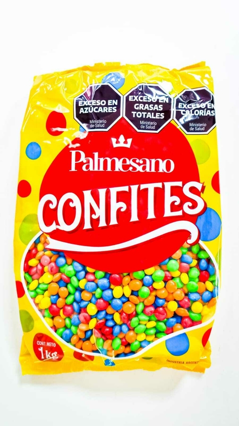 Paquete de confites frutales de 1 kg con colores variados, marca Palmesano.