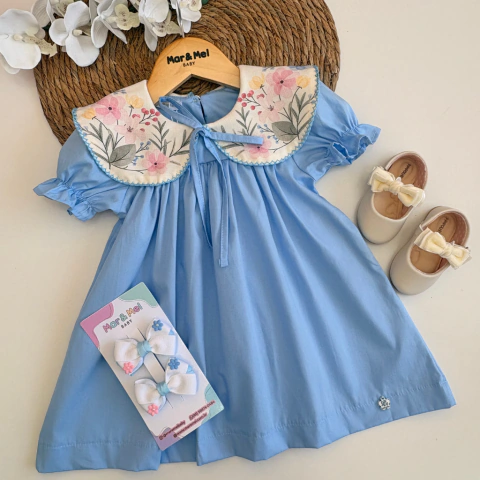 Vestido Gola Floral Azul
