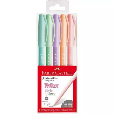 CANETA ESFEROGRÁFICA FABER TRILUX COLORS STYLE PASTEL COM 5 CORES