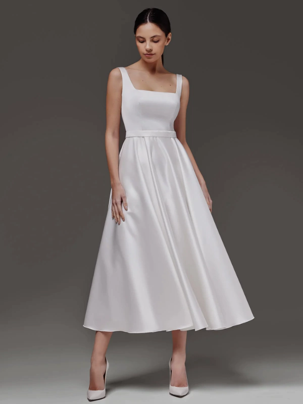 Vestido de noiva Minimalista Alfaiataria Decote Quadrado Midi