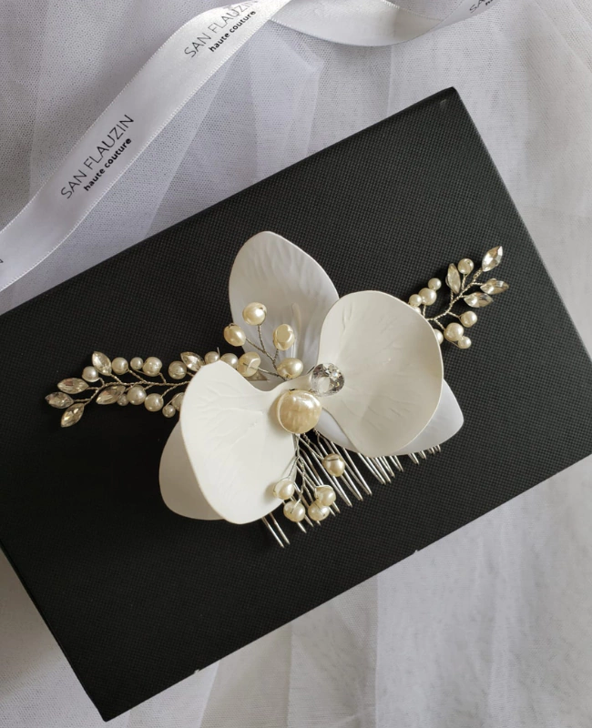 Acessório de cabelo para noiva arranjo pin Orquídea branca pérolas cristais MILAN