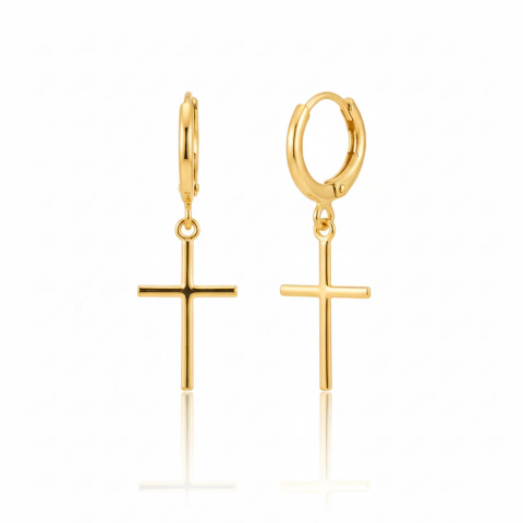 Brinco argola click com cruz em banho de Ouro 18K