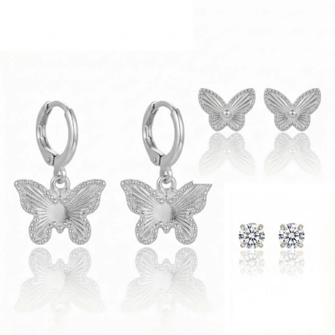 Trio de brincos argola click, borboleta e ponto de luz