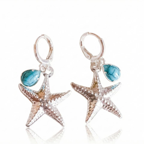 Brinco argola click com estrela do mar e pingente turquesa