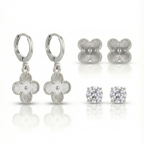 Trio de brincos argola click, coração e ponto de luz