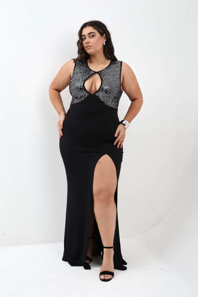 Vestido largo de fiesta con lentejuelas y escote Raiwa — imagen 3