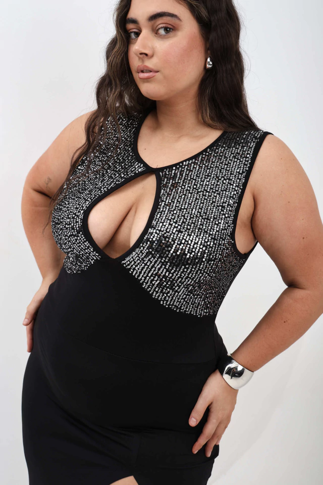 Vestido largo de fiesta con lentejuelas y escote Raiwa — imagen 6