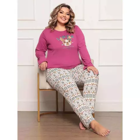 Pijama Longo Plus Size Estampa Dog Luna Cuore Magenta