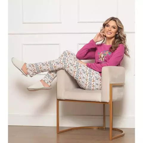 Pijama Longo Feminino Estampa Dog Luna Cuore Magenta