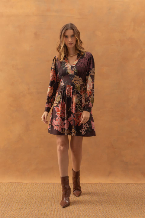 Vestido Flores Orientais Vinho - comprar online