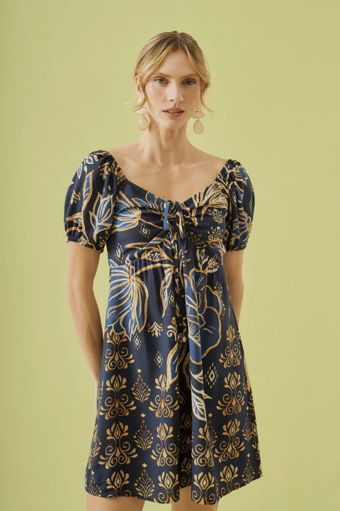 Vestido Curto Floral Rústico Azul Marinho - comprar online