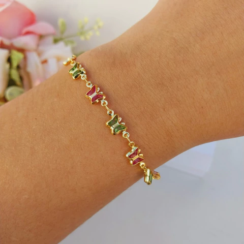 Pulseira borboletas em zirconias rosa e verde