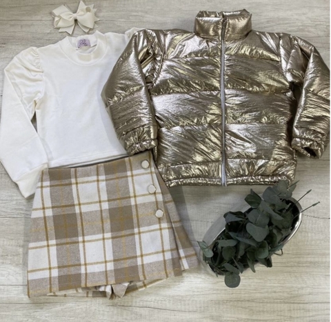 Conjunto 3 Peças Short Saia Xadrez + Blusa + Jaqueta Puffer