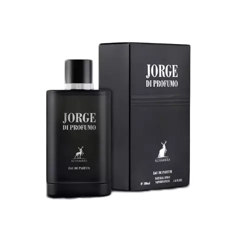 Frasco de perfume Jorge Di Profumo de Maison Alhambra, presentado con su caja. Fragancia en envase negro de 100 ml.