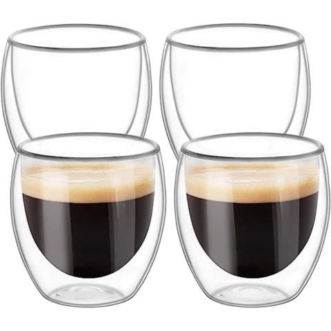 Jogo de 4 Copos Dupla Parede De Vidro 250ml Cafés Chás E Sucos