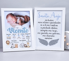 KIT COM 2 QUADROS MEU NASCIMENTO COM FOTO + ORAÇÃO SANTO ANJO