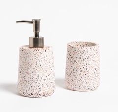 Set de Dispenser y vaso terrazo blanco y rosa