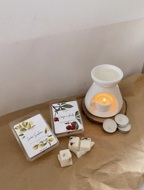 Kit Difusor de Aromas de Cerâmica e 2 Wax Melt - Cereja e Avelã e Limão Siciliano
