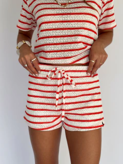 Shorts De Tricot Listrado Off/Vermelho