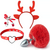 KIT PLUG ANAL RABO DE COELHO VERMELHO, TIARA DE ORELHAS, GRAMPOS PARA MAMILOS E GARGANTILHA SEXY IMPORT